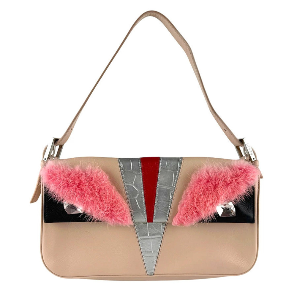 Fendi Shoulder Bag Monster Baguette Leather Fur Pink Beige Cream Silver